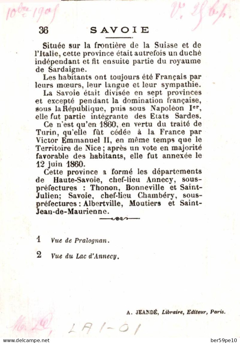 CHROMO A. JEANDE LIBRAIRIE ED. PARIS ANCIENNES PROVINCES FRANCAISES N°36 LA SAVOIE VUE DU LAC D'ANNECY - Otros & Sin Clasificación