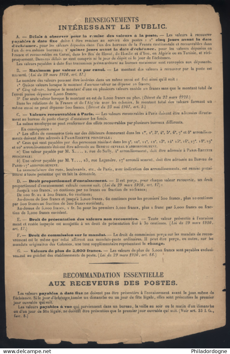 Taxe Yvert N° 58 Seul Sur Bordereau Des Valeurs A Recouvrer N° 1485 - Oblitéré Paris XVI Place Chopin - 10/1927 - 1859-1959 Lettres & Documents