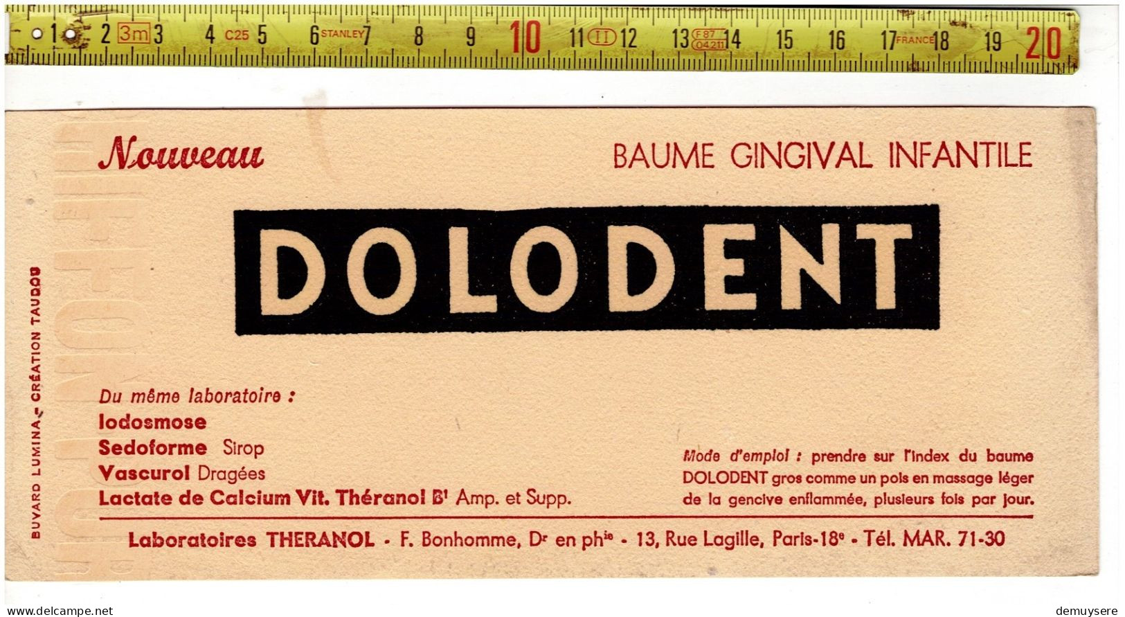 SOLDE 2021 ( BUVARD ?) DOLODENT LABORATOIRES THERANOL PARIS - Publicidad