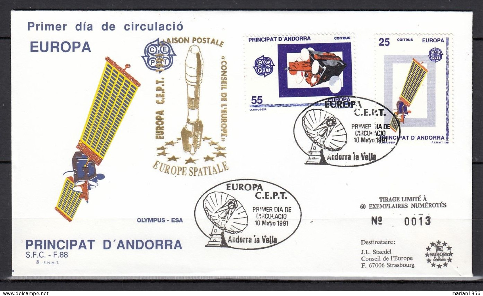 Andorre Espagnol 1991 - FDC Special - EUROPA CEPT - Europe Spatiale  - Tirage Limite A 60 Ex. Numerotes - Sonstige & Ohne Zuordnung