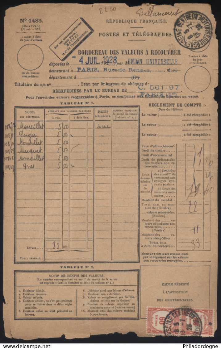 Taxe Yvert N° 58 En Paire Sur Bordereau Des Valeurs A Recouvrer N° 1485 - Oblitéré Boulogne Sur Seine Centre Banlieue 28 - 1859-1959 Covers & Documents