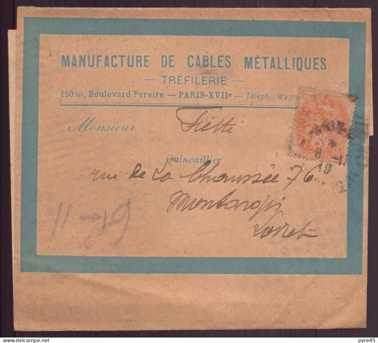 France, Enveloppe à En-tête " Manufacture De Cables Métalliques " Paris Pour Montargis, 1919 - Otros & Sin Clasificación