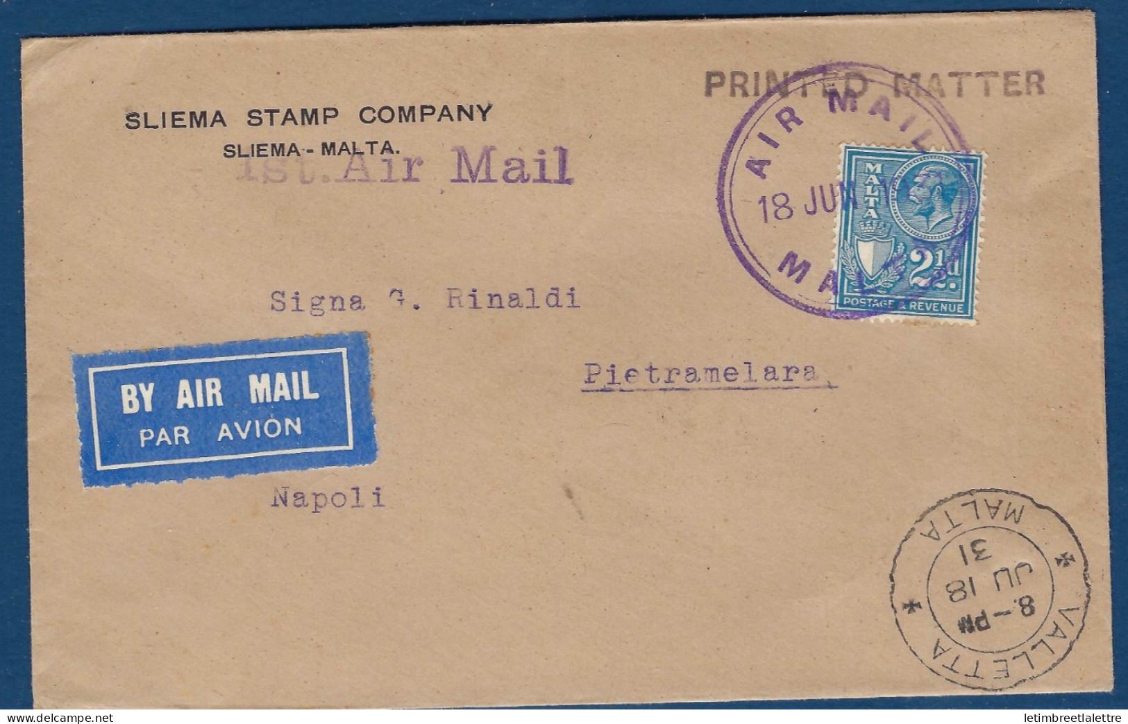 Malte - Enveloppe Par Avion Malte Pour Naples - Cachet Air Mail Malte - 1931 - Malta