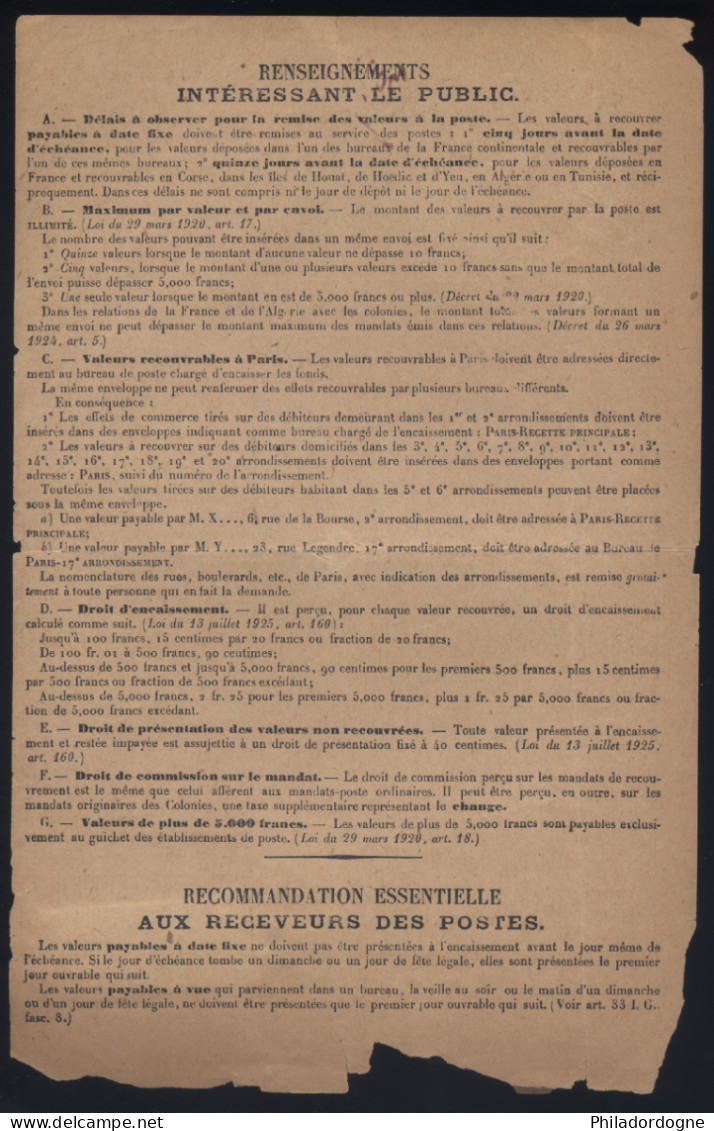 Taxe Yvert N° 58 En Paire Sur Bordereau Des Valeurs A Recouvrer N° 1485 - Oblitéré Tours - 11/1929 - 1859-1959 Covers & Documents