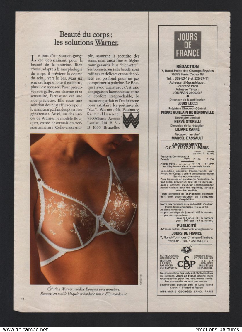 Pub Papier 1980 Confection Lingerie Sous Vetements Soutien Gorge Warner Femme Pin Up - Reclame