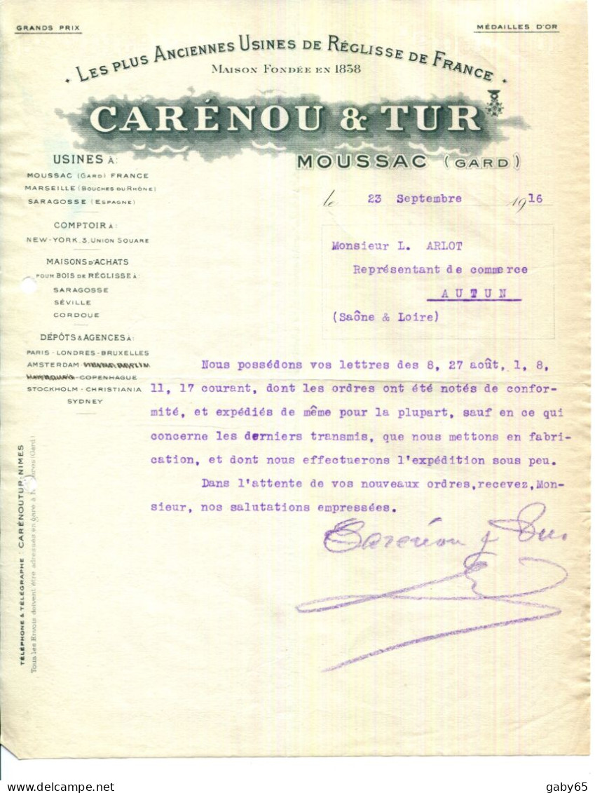 FACTURE.30.MOUSSAC.LES PLUS ANCIENNES USINES DE RÉGLISSE.CARÉNOU & TUR.MAISON D'ACHATS A SARAGOSSE,SEVILLE & CORDOUE. - Alimentaire