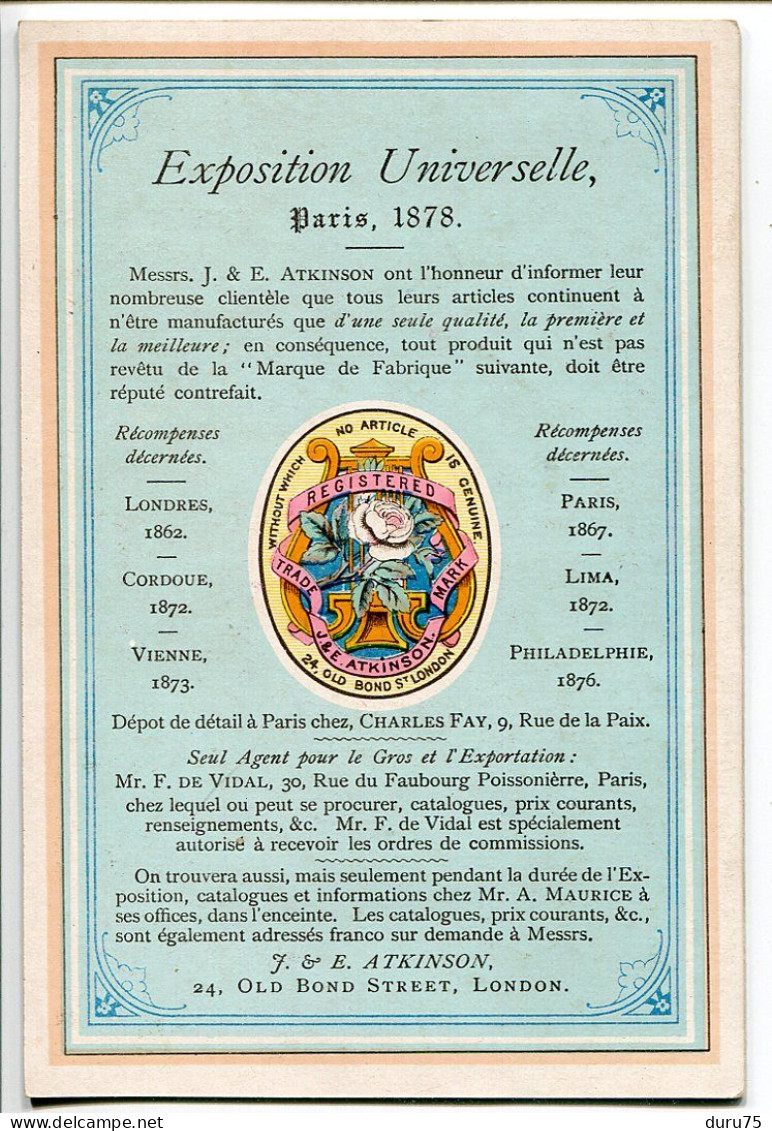 1878 Exposition Universelle Paris Chromo Dépliant PUB Publicité PARFUMERIE ANGLAISE De J. & E. ATKINSON London - Altri & Non Classificati