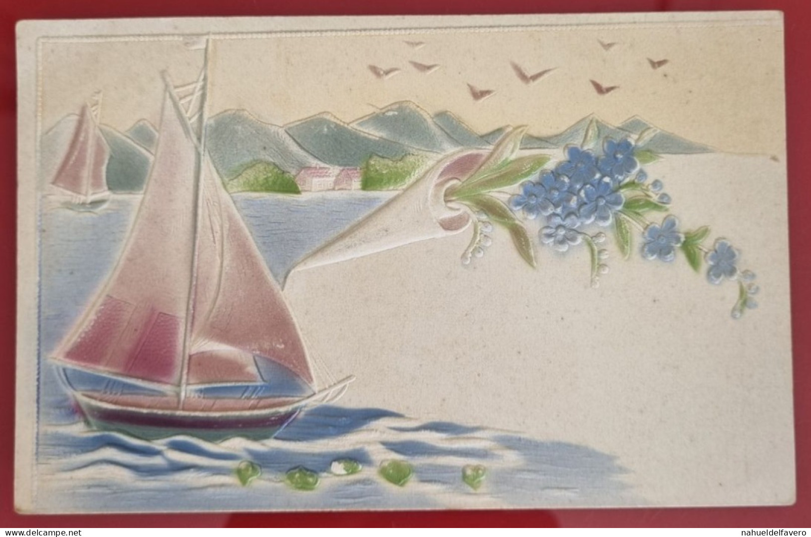 Carta Postale Circulée 1912 - ARGENTINA - DESSINS FANTAISIES DE VOILIER AVEC DES FLEURS ET DES OISEAUX - Hausboote