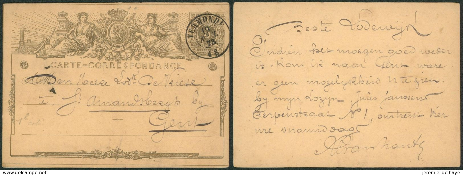 EP Au Type 5ctm Gris (SBEP N°1A) Obl Double Cercle "Termonde" (1873) > Gent - Postcards 1871-1909