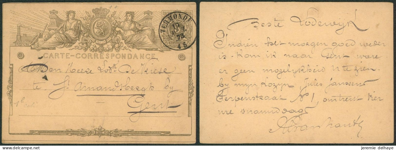 EP Au Type 5ctm Gris (SBEP N°1A) Obl Double Cercle "Termonde" (1873) > Gent - Cartes Postales 1871-1909