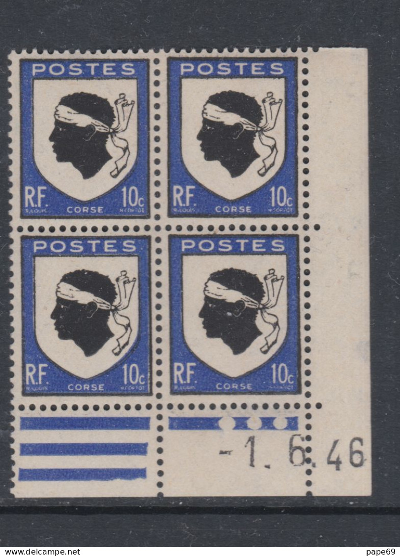 France N° 755 XX : Armoiries De Provinces : Corse  En Bloc De 4 Coin Daté Du 1 . 6 . 46 : 3 Pts Blancs Sans Char. TB - 1940-1949