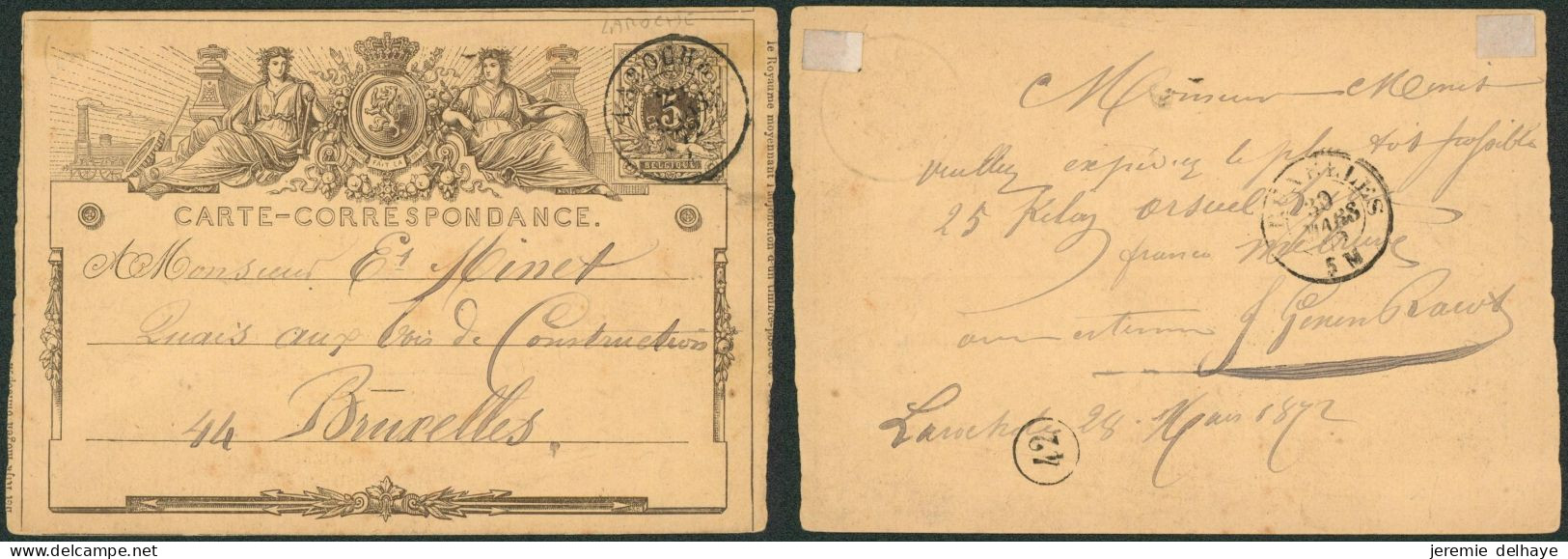 EP Au Type 5ctm Gris (SBEP N°1A) Obl Double Cercle "Laroche" (1872) > Bruxelles - Cartes Postales 1871-1909