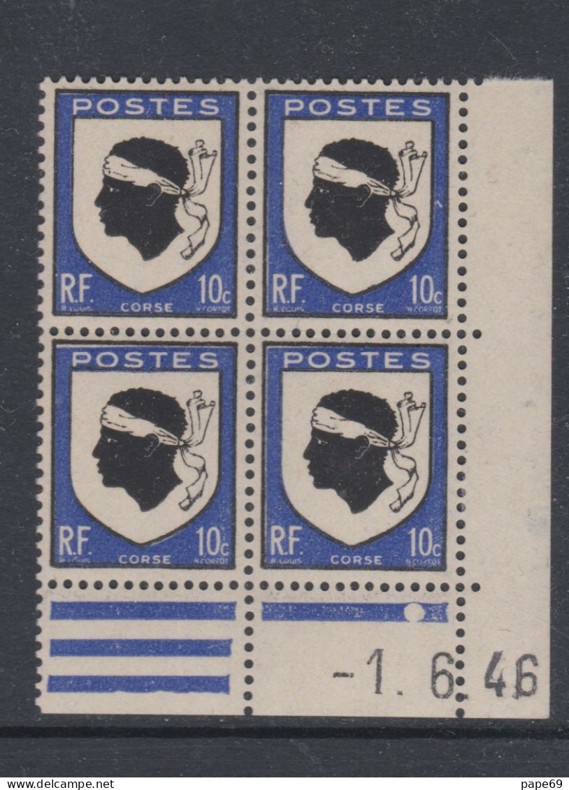 France N° 755 XX : Armoiries De Provinces : Corse  En Bloc De 4 Coin Daté Du 1 . 6 . 46 : 1 Point Blanc Sans Char. TB - 1940-1949