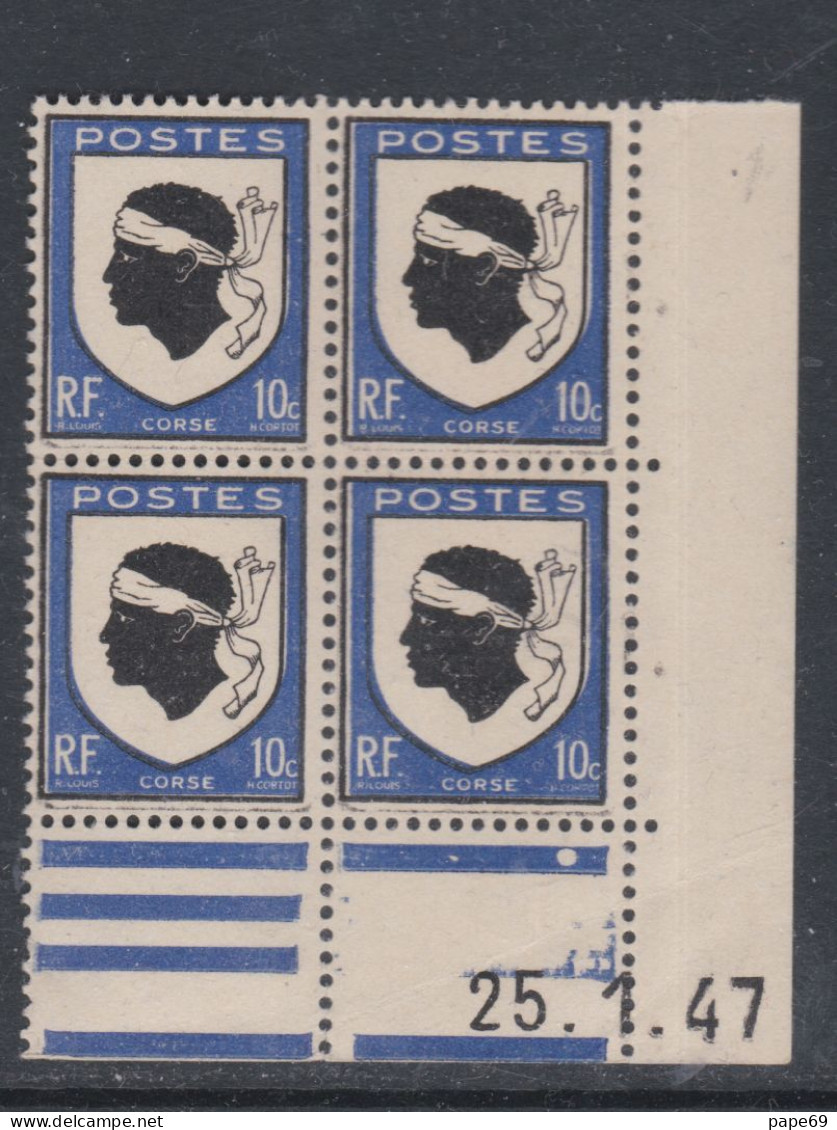 France N° 755 XX : Armoiries De Provinces : Corse  En Bloc De 4 Coin Daté Du 25 . 1 . 47 : 1 Point Blanc Sans Char. TB - 1940-1949