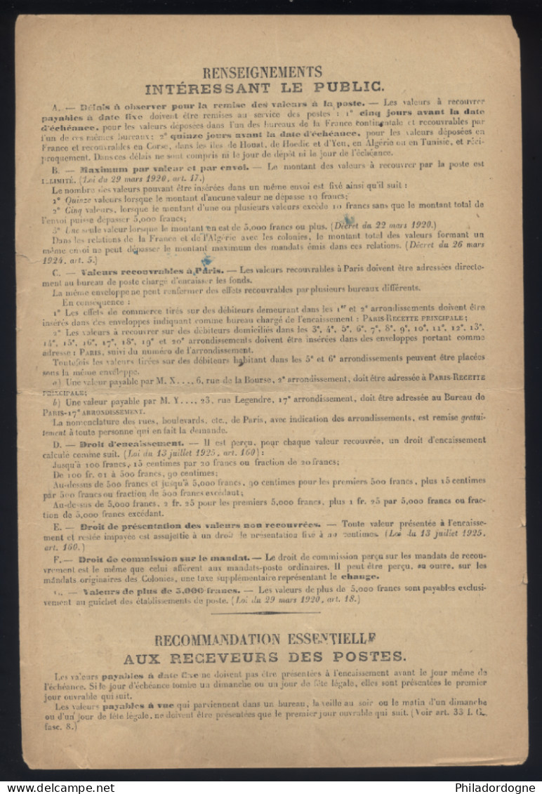 Taxe Yvert N° 58 En Paire Sur Bordereau Des Valeurs A Recouvrer N° 1485 - Oblitéré Nantes - 1928 - 1859-1959 Covers & Documents