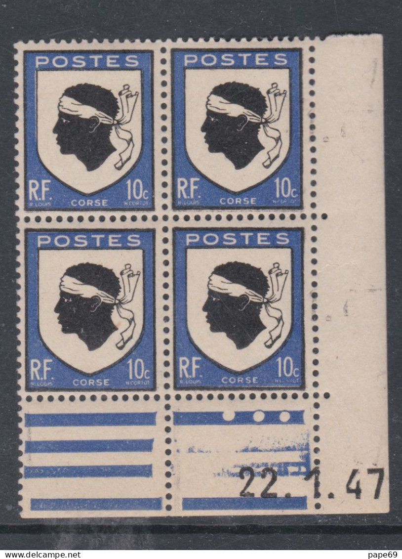 France N° 755 XX : Armoiries De Provinces : Corse  En Bloc De 4 Coin Daté Du 22 . 1 . 47 : 3 Points Blancs Sans Char. TB - 1940-1949