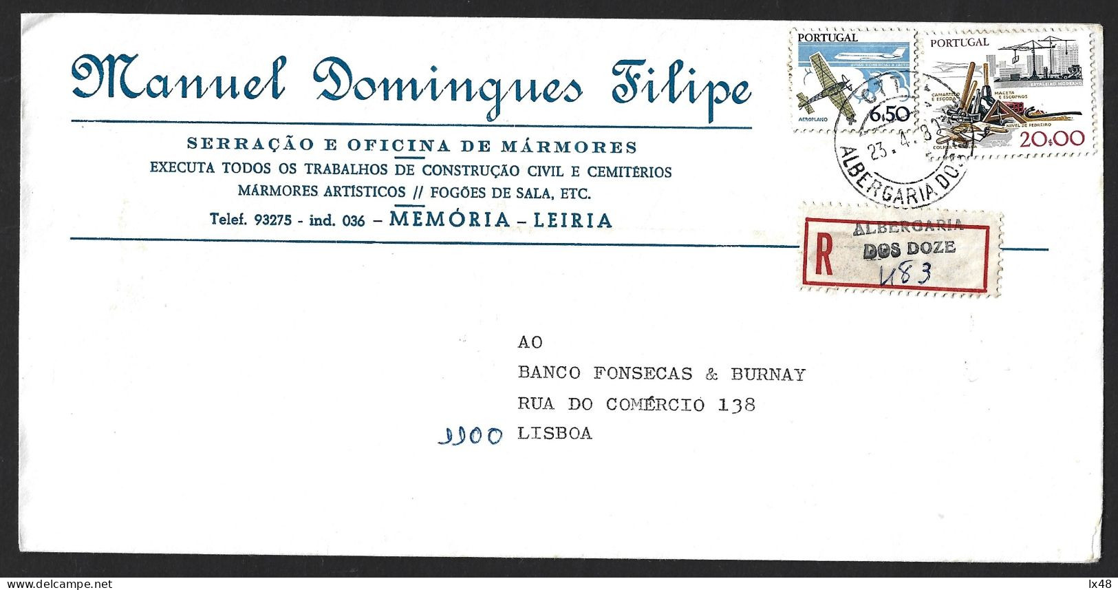 Letter Registered Albergaria Dos Doze, Memória, Leiria 1980. Airplane. Construction. Albergaria Dos Doze, Memória Leiria - Cartas & Documentos