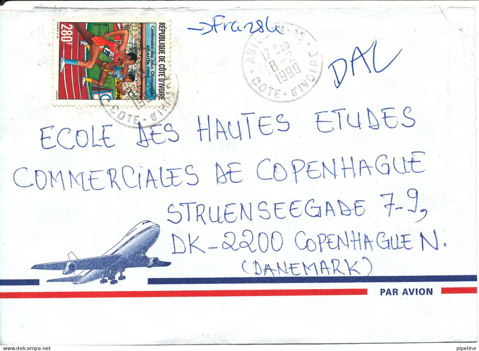 Ivory Coast Air Mail Cover Sent To Denmark Single Franked 8-2-1998 - Ivory Coast (1960-...)