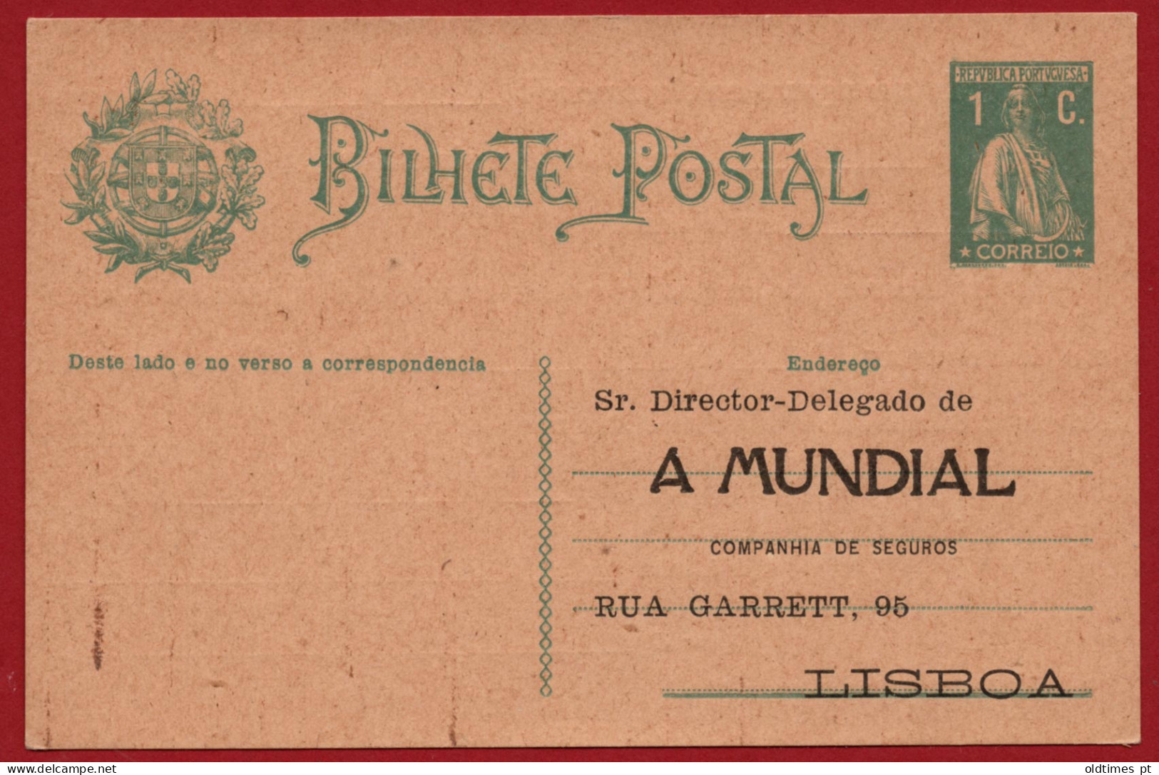 PORTUGAL - INTEIRO POSTAL - LISBOA - A MUNDIAL - RUA GARRETT - 1916 PC - Lisboa