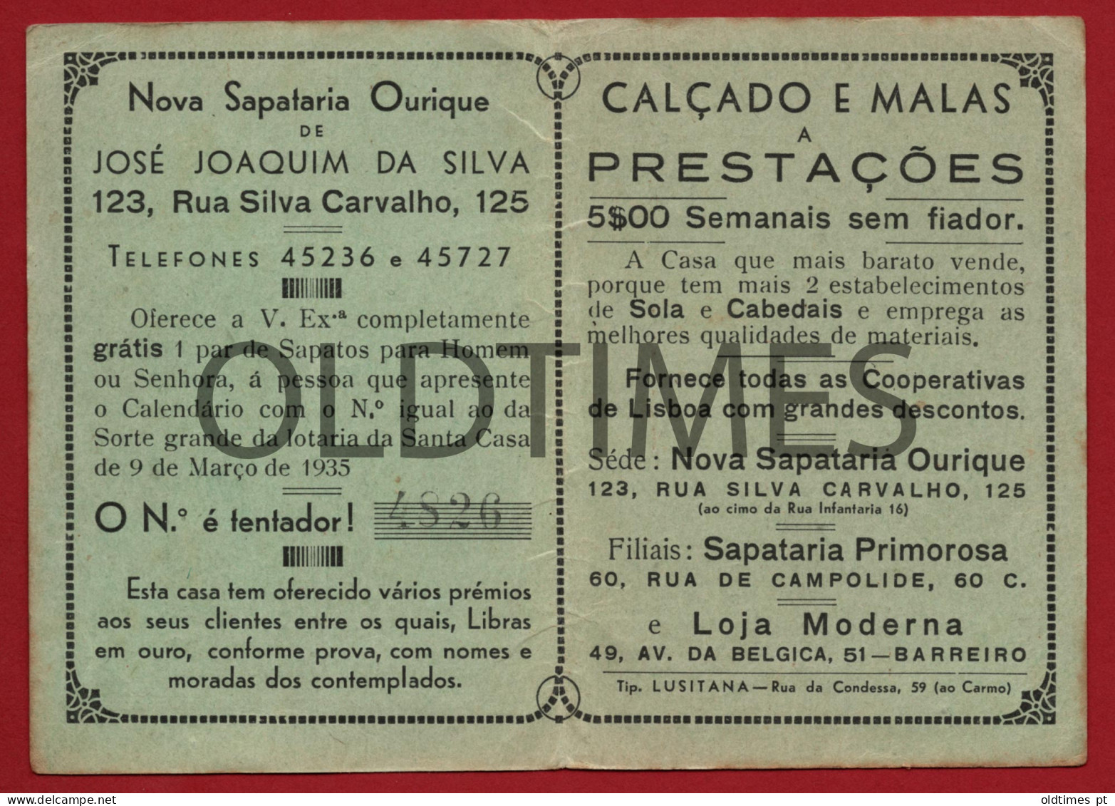 PORTUGAL - LISBOA - NOVA SAPATRIA OURIQUE - CALENDÁRIO 1935 - Publicités