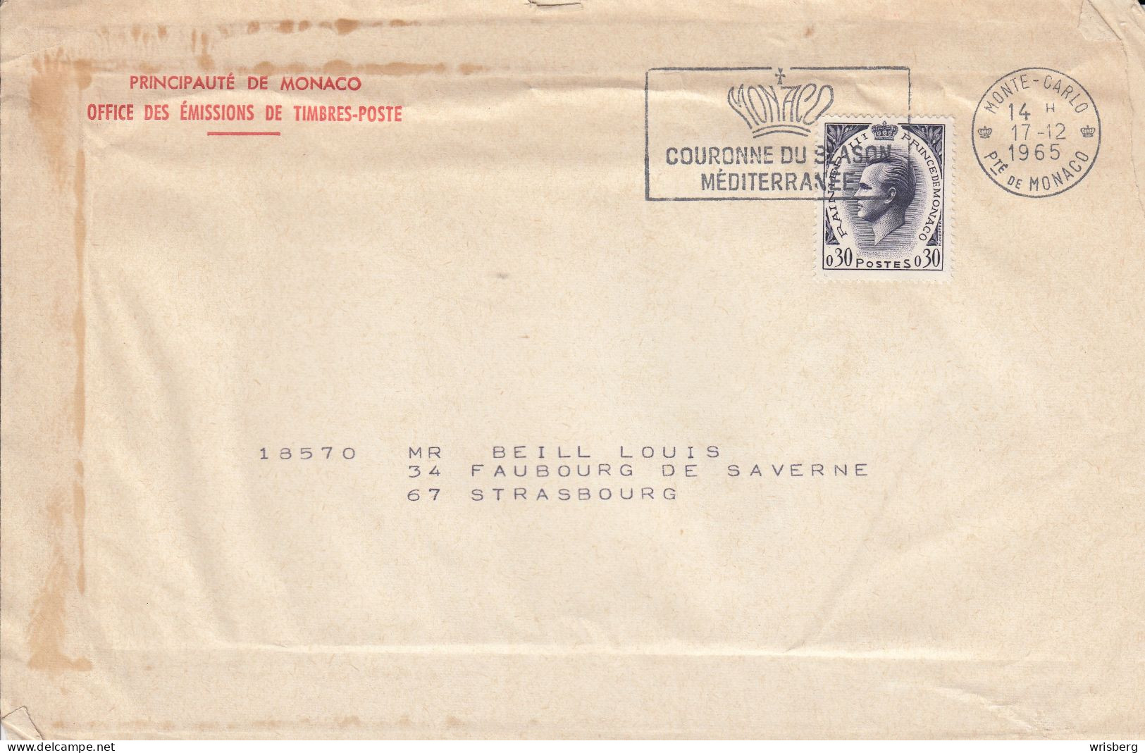 ENV. AFFR. Y&T 545 OBL. MONTE-CARLO Du 17.12.1965 Adressée à STRASBOURG - Brieven En Documenten