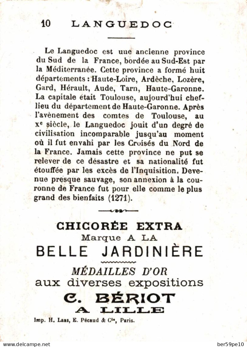 CHROMO CHICOREE A LA BELLE JARDINIERE LILLE ANCIENNES PROVINCES FRANCAISES N°10 LE LANGUEDOC EGLISE ST SURNIN A TOULOUSE - Tea & Coffee Manufacturers