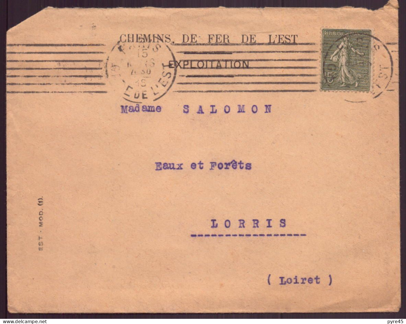 France, Enveloppe à En-tête " Chemins De Fer De L'Est "  Paris Pour Lorris, 1919 - Autres & Non Classés