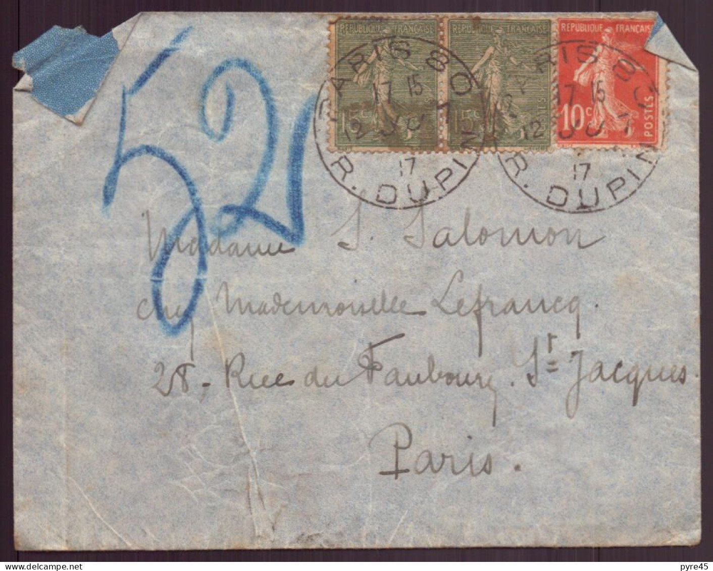 France, Enveloppe De 1917 De Paris Pour Paris - Altri & Non Classificati