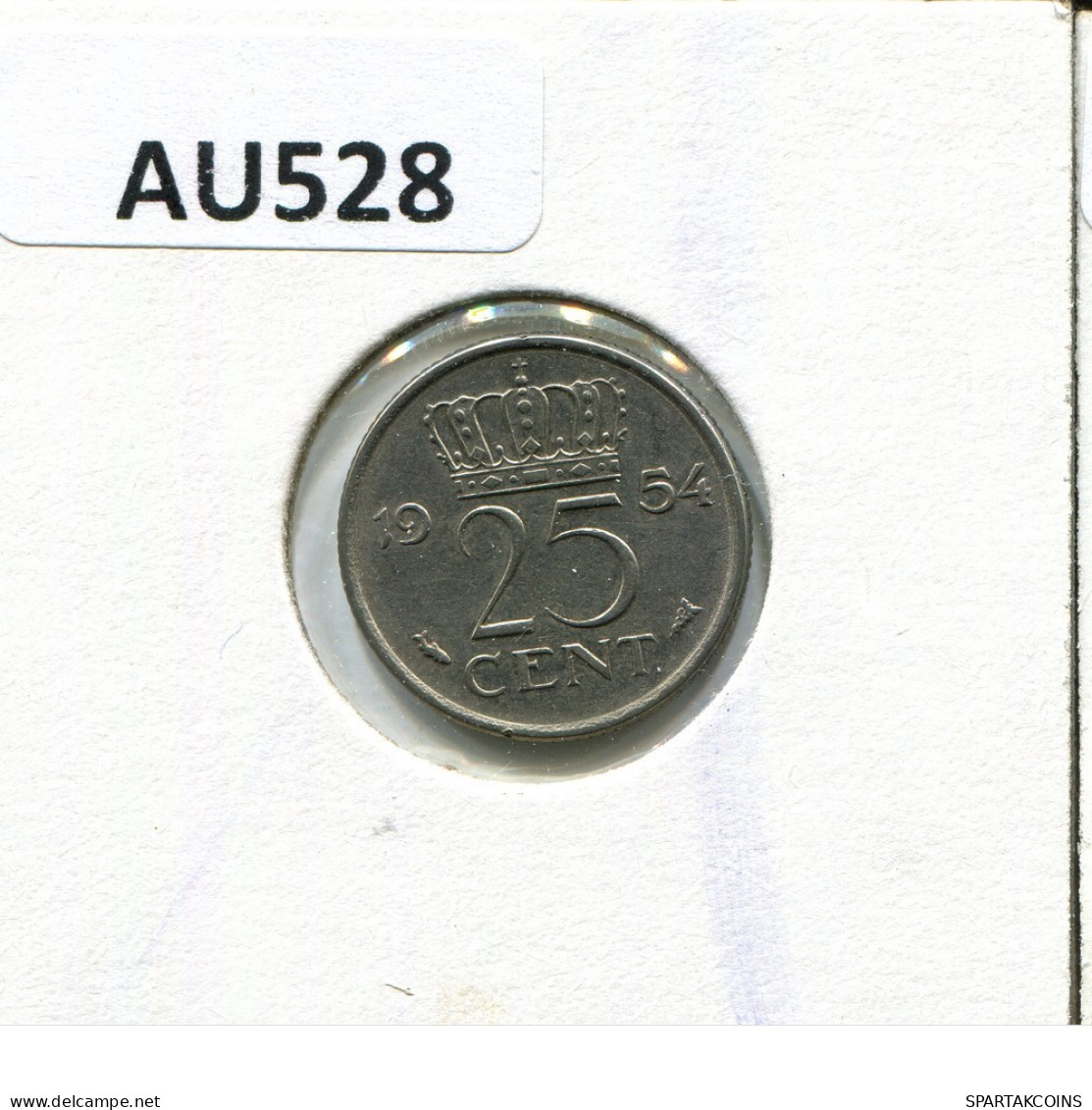 25 CENTS 1954 NETHERLANDS Coin #AU528.U.A - 1948-1980: Juliana