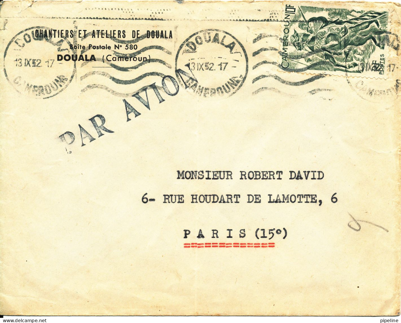 Cameroun Cover Sent To France 13-9-1952 Single Franked Folded Cover - Cartas & Documentos