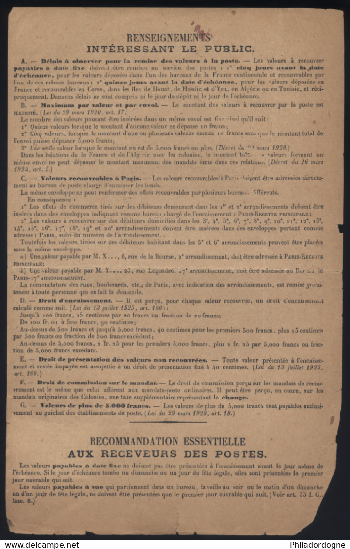 Taxe Yvert N° 58 En Paire Sur Bordereau Des Valeurs A Recouvrer N° 1485 - Oblitéré Marcilly Le Hayer - 11/1929 - 1859-1959 Covers & Documents