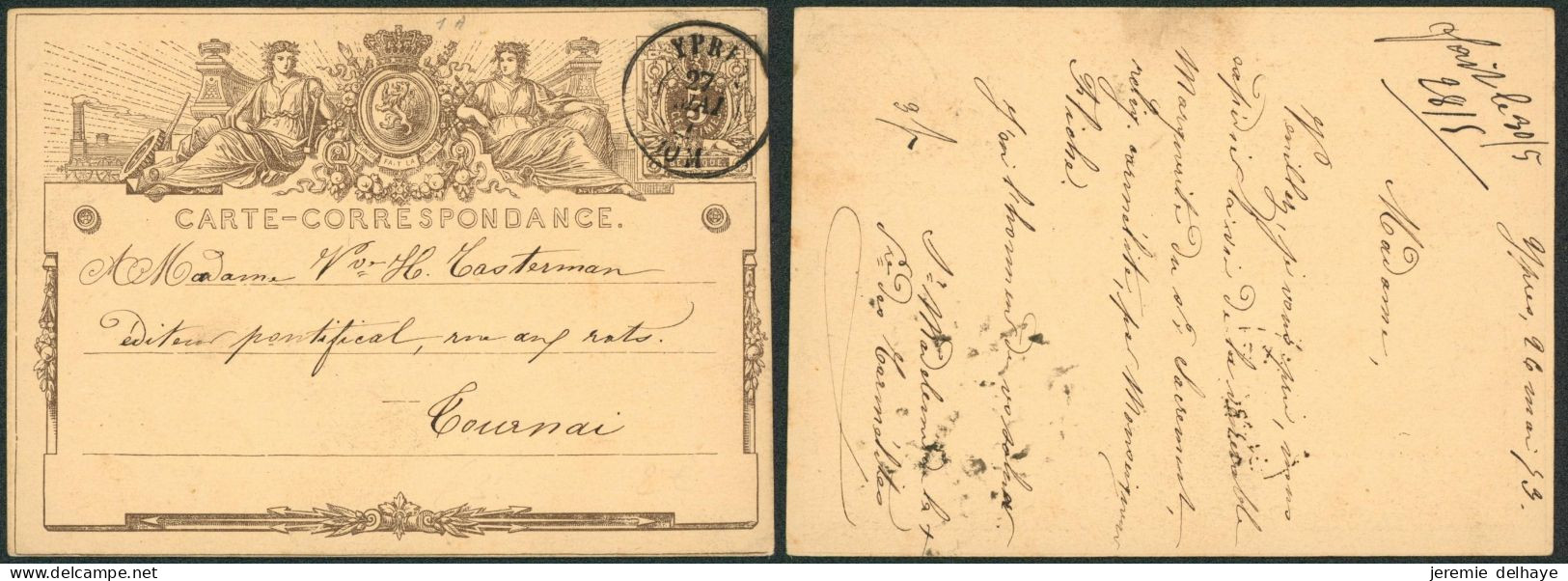 EP Au Type 5ctm Gris (SBEP N°1A) Obl Double Cercle "Ypres" > Tournai - Cartes Postales 1871-1909