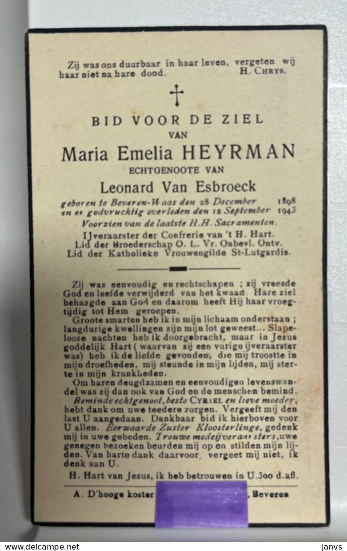 Devotie DP  Overlijden Maria Heyrman Echtg Van Esbroeck - Beveren-Waas 1898 - 1943 - Décès