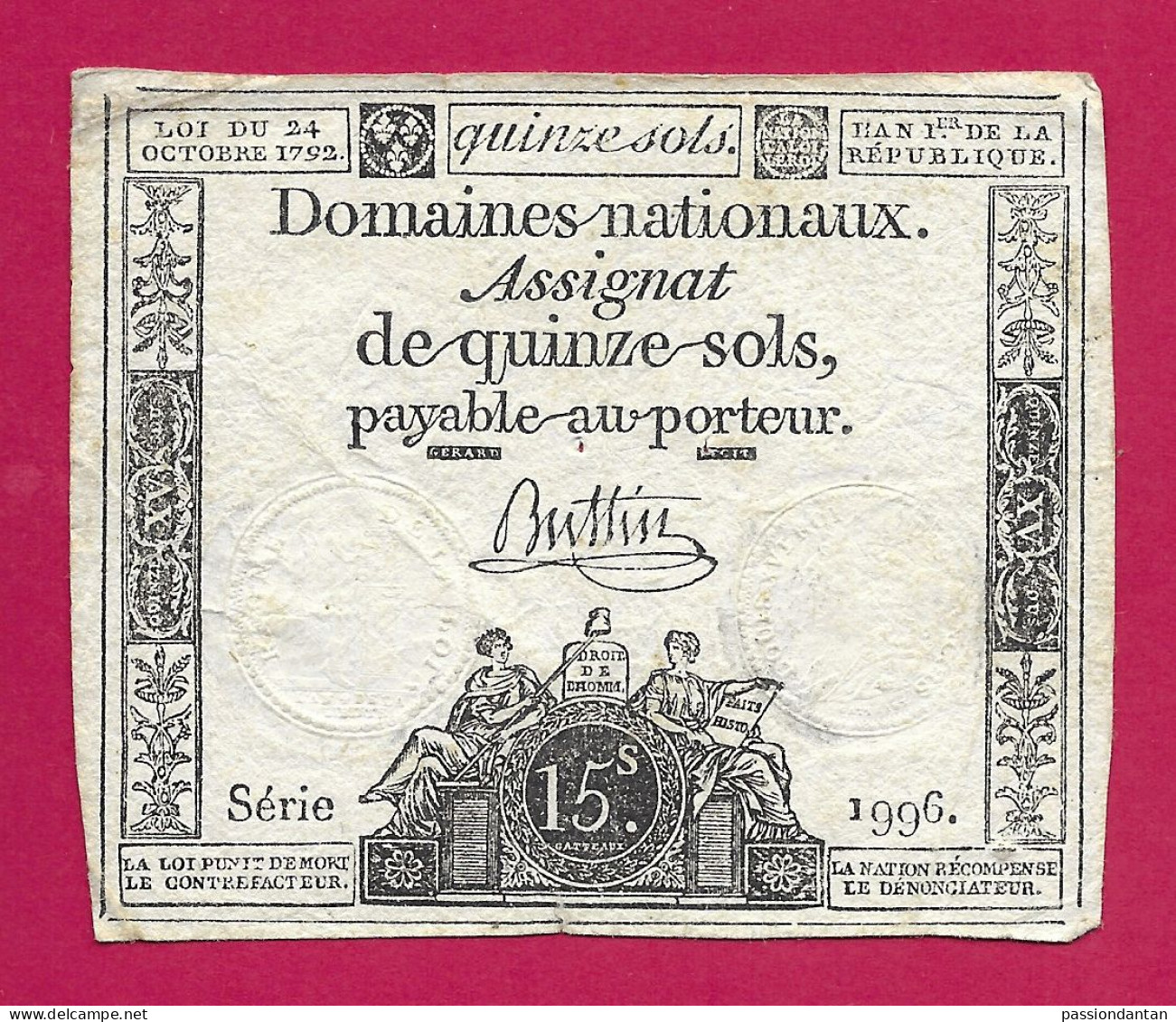 Assignat De Quinze Sols - Série 1996 - Signé Buttin - Assignats & Mandats Territoriaux