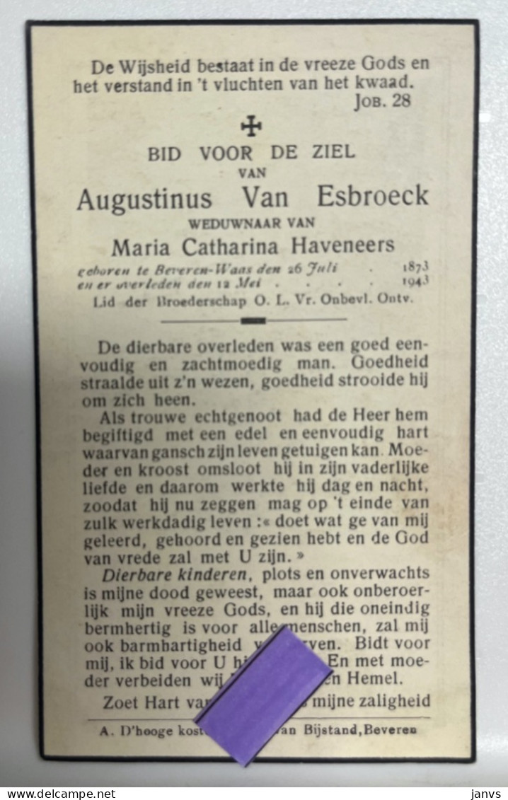 Devotie DP  Overlijden Augustinus Van Esbroeck Wwe Haveneers - Beveren-Waas 1873 - 1943 - Décès