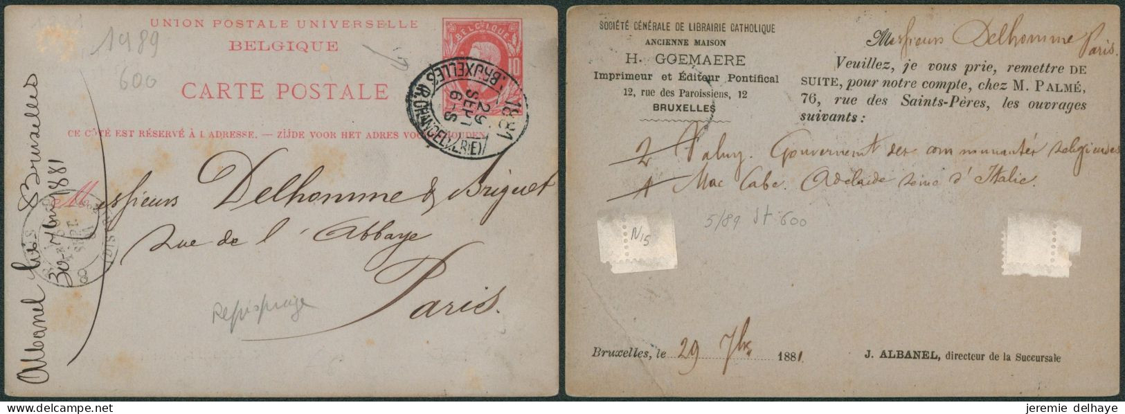 EP Au Type 10ctm Rouge + Cachet Pour Imprimé "Bruxelles (R. Chancellerie) (1881) > Paris / Repiquage - Postkarten 1871-1909