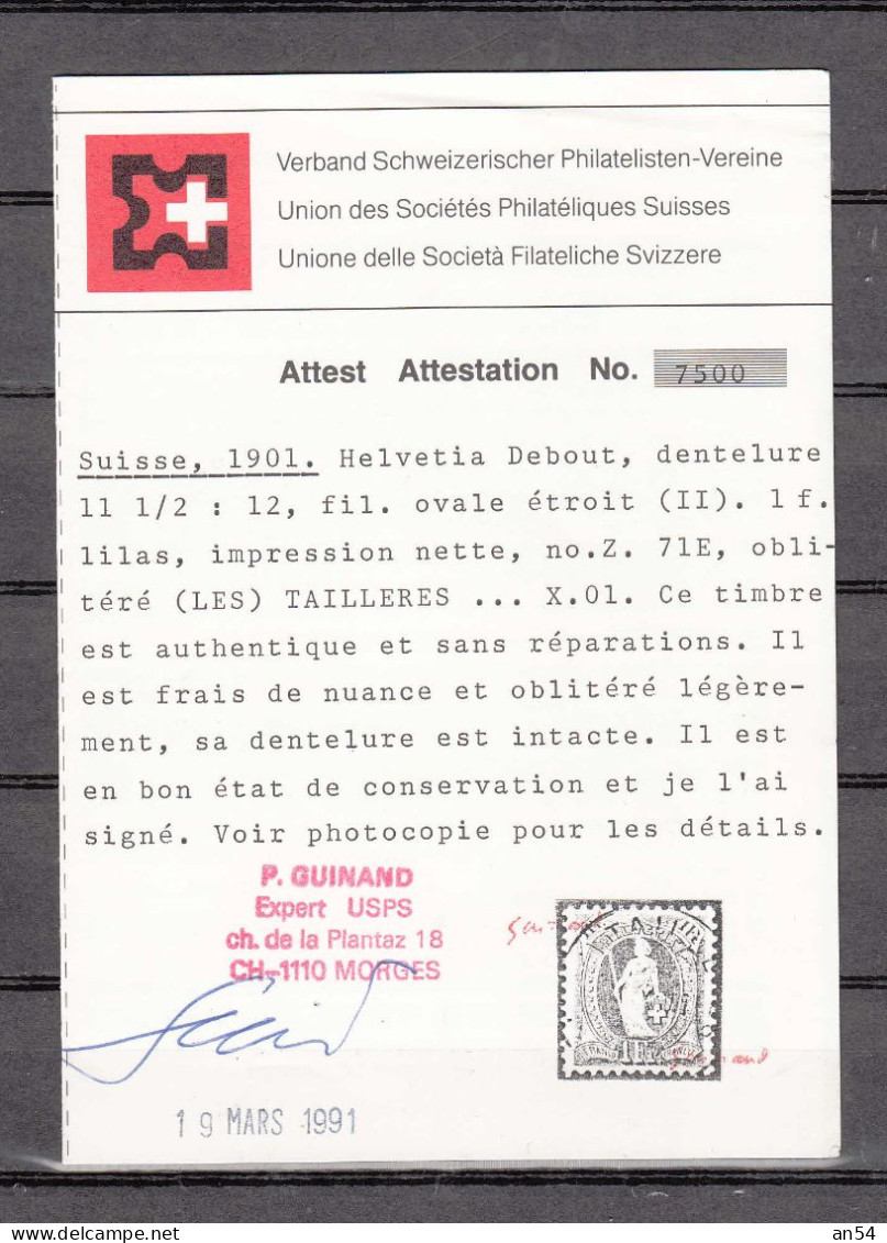 1901 N°71E  OBLITERE      COTE 460.00 + ATTESTATION       CATALOGUE SBK - Oblitérés