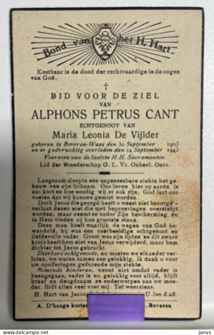 Devotie DP  Overlijden Alphons Cant Echtg De Vijlder - Beveren-Waas 1903 - 1943 - Décès