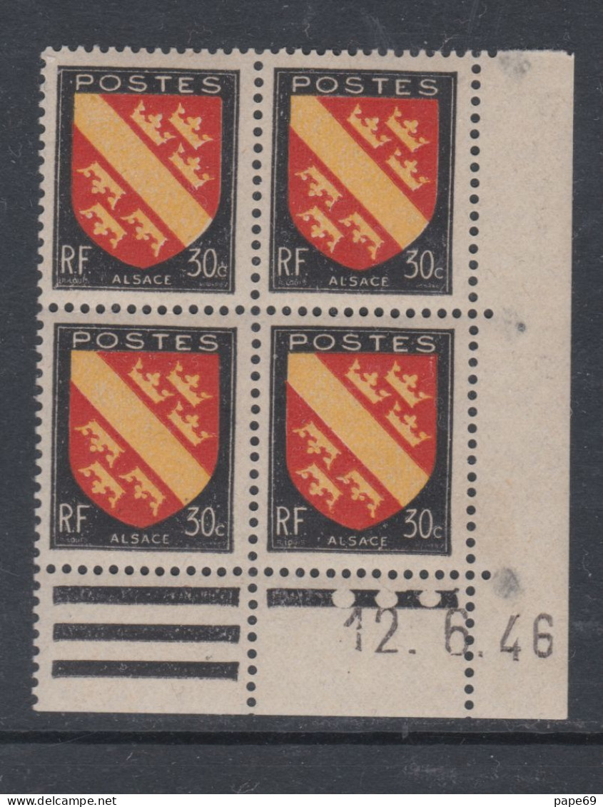 France N° 756 XX : Armoiries De Provinces : Alsace  En Bloc De 4 Coin Daté Du 12 . 6 . 46 : 3 Pts Blancs Sans Char. TB - 1940-1949