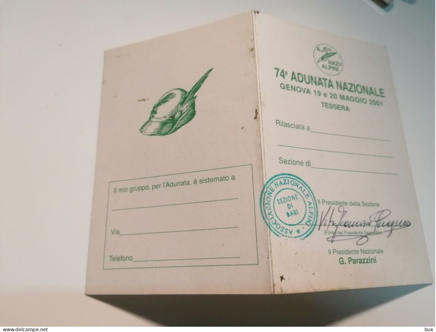 2001 74° Adunata Nazionale Alpini Ana Tessera Militare In Bianco Sezione Di Bari - Documenti Storici