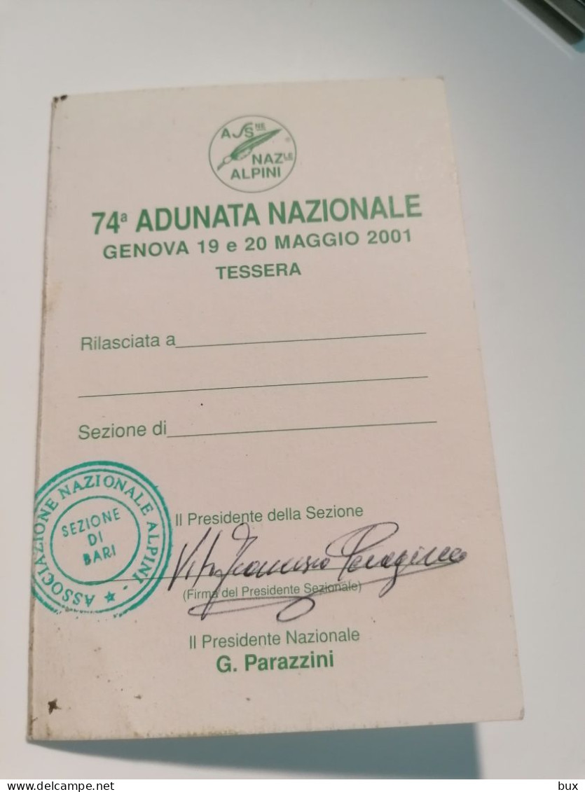 2001 74° Adunata Nazionale Alpini Ana Tessera Militare In Bianco Sezione Di Bari - Documents Historiques