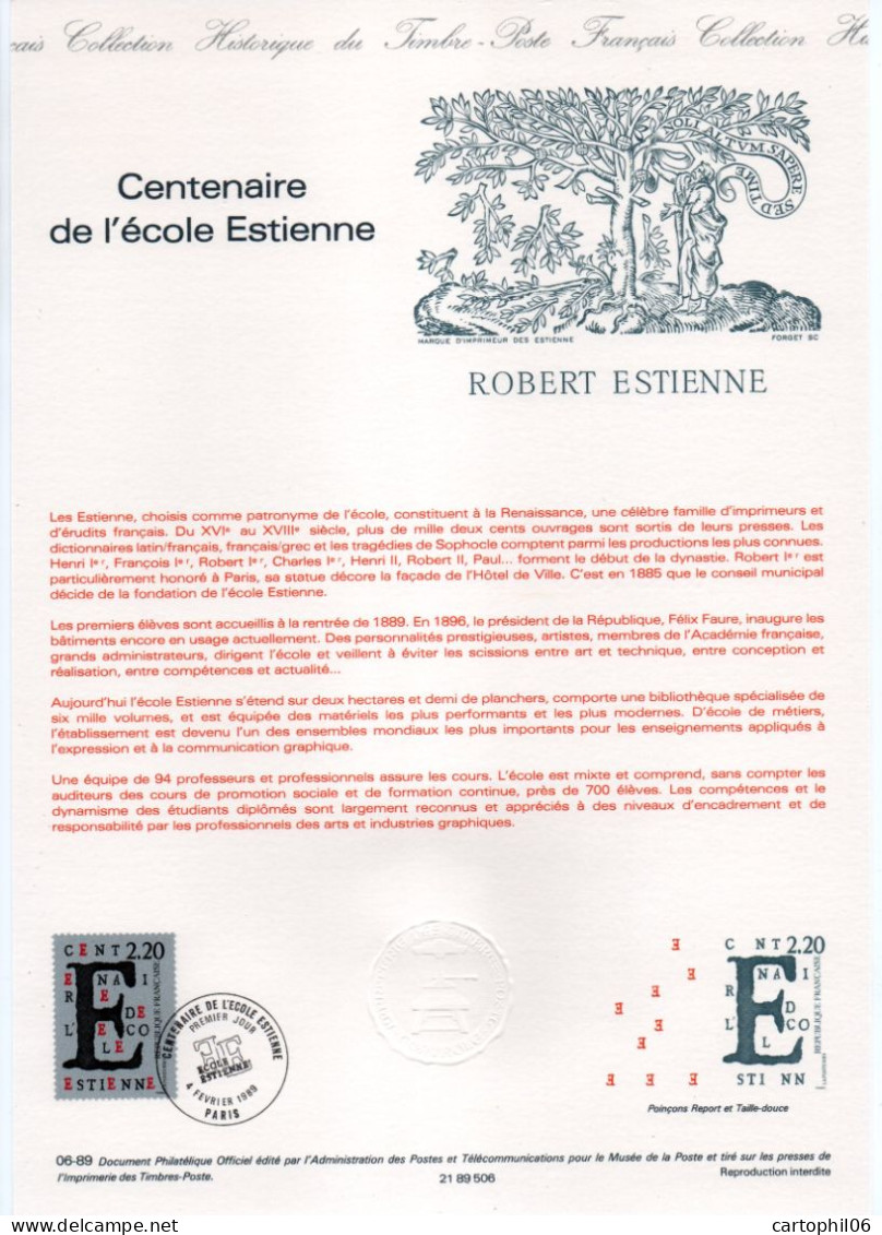 - Document Premier Jour CENTENAIRE DE L'ÉCOLE ESTIENNE - PARIS 1889-1989 - - Documents De La Poste