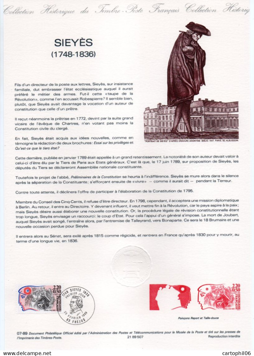 - Document Premier Jour LA RÉVOLUTION FRANCAISE : SIEYÈS (1748-1836) - FRÉJUS 25.2.1989 - - French Revolution