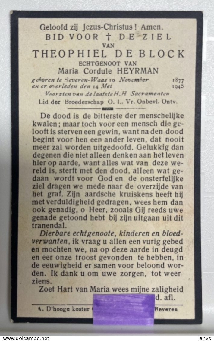 Devotie DP  Overlijden Theophiel De Block Echtg Heyrman - Beveren-Waas 1877 - 1945 - Décès