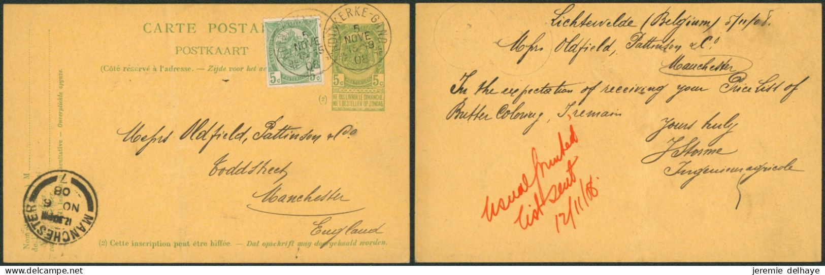 EP Au Type 5ctm Vert + N°83 Obl Ambulant "# Adinkerke - Gand #" (1908) > Manchester (England) / Pli - Tarjetas 1871-1909