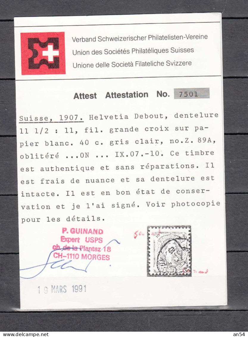1905/08 N°89A  OBLITERE      COTE 300.00 + ATTESTATION       CATALOGUE SBK - Gebruikt