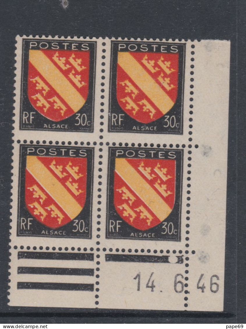 France N° 756 XX : Armoiries De Provinces : Alsace  En Bloc De 4 Coin Daté Du 14 . 6 . 46 : 1 Ooint Blanc Sans Char. TB - 1940-1949