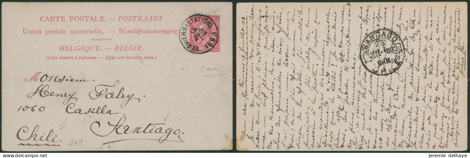 EP Au Type 10ctm Rose (n°46) Obl Simple Cercle "Verviers (station)" > Santiago (Chili) + Arrivée. - Postcards 1871-1909