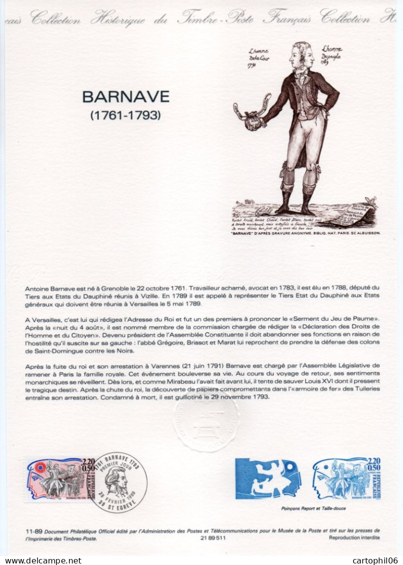 - Document Premier Jour LA RÉVOLUTION FRANCAISE : BARNAVE (1761-1793) - ST EGREVE 25.2.1989 - - Franse Revolutie