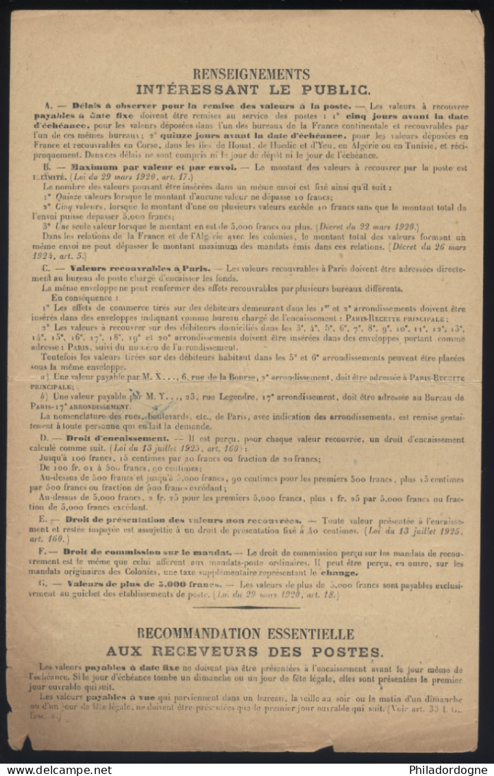 Taxe Yvert N° 46 En Paire Sur Bordereau Des Valeurs A Recouvrer N° 1485 - Oblitéré Plume - De Cherbourg - 11/1926 - 1859-1959 Covers & Documents